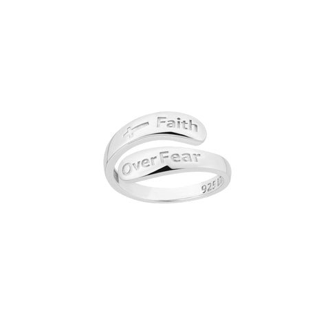 Sterling Silver Wrap Ring - Faith over Fear with Cross, One Size Fits Most