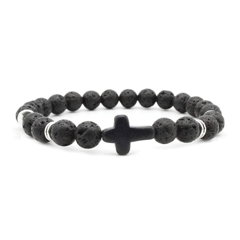 Boho Cross Bracelet – Black Volcanic Stone Beads