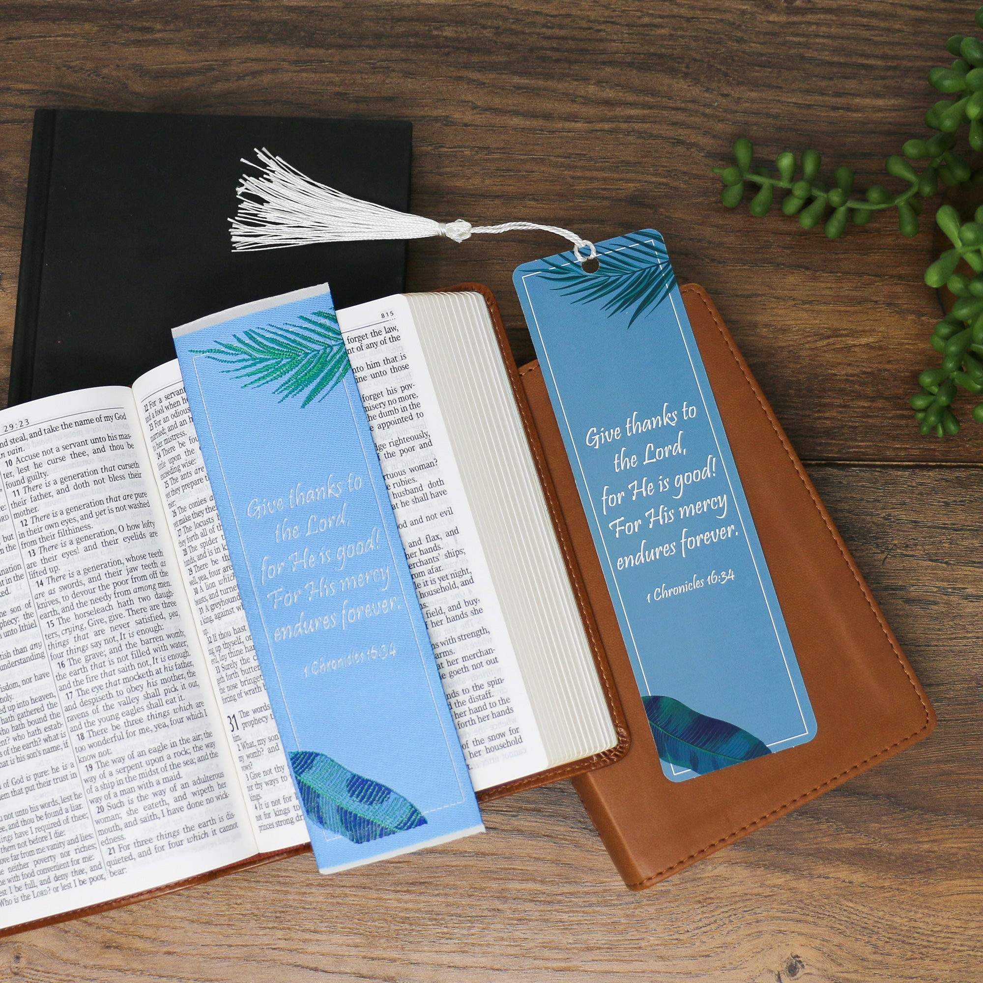 Give thanks to the Lord for He is good - 1 Chronicles 16:34 Woven and Tasseled Bookmark Set