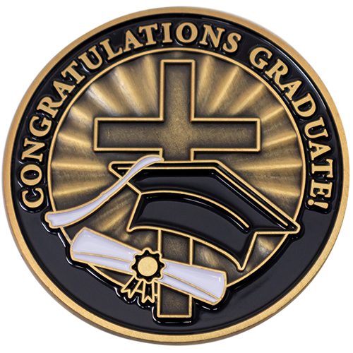 Front: Cross, diploma, and graduation cap, with text, "Congratulations Graduate!"