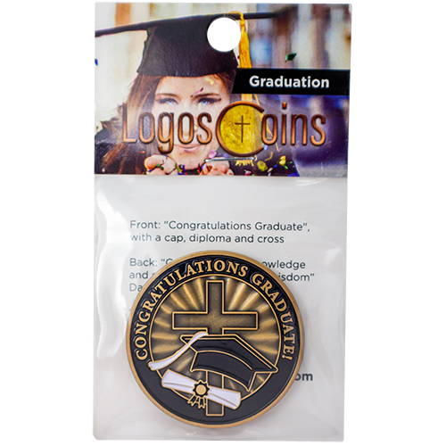 front of Congratulations Graduate Antique Gold Plated Christian Coin in packaging 