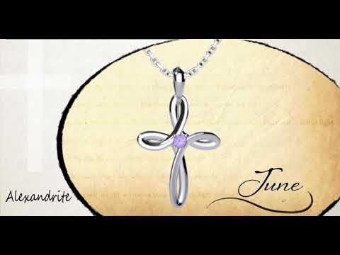 June Alexandrite Birthstone Swirl Cross Sterling Silver Necklace - With 18" Sterling Silver Chain