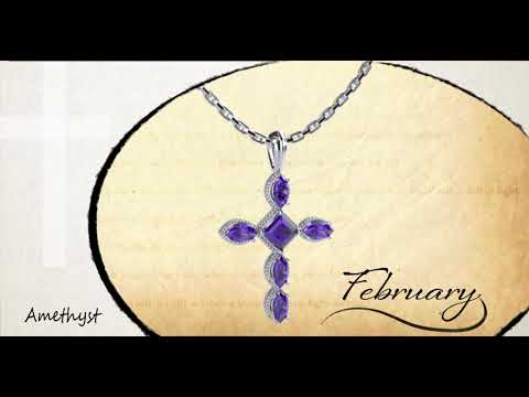 February Amethyst Antique Birthstone Cross Pendant - With 18" Sterling Silver Chain 360 view video