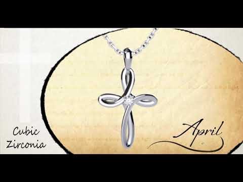 April Cubic Zirconia Birthstone Swirl Cross Sterling Silver Necklace - With 18" Sterling silver Chain video where the pendent does a 360 degree turn