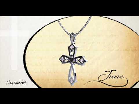 June Alexandrite Antique Birthstone Cross Pendant - With 18" Sterling Silver Chain 360 degree video view