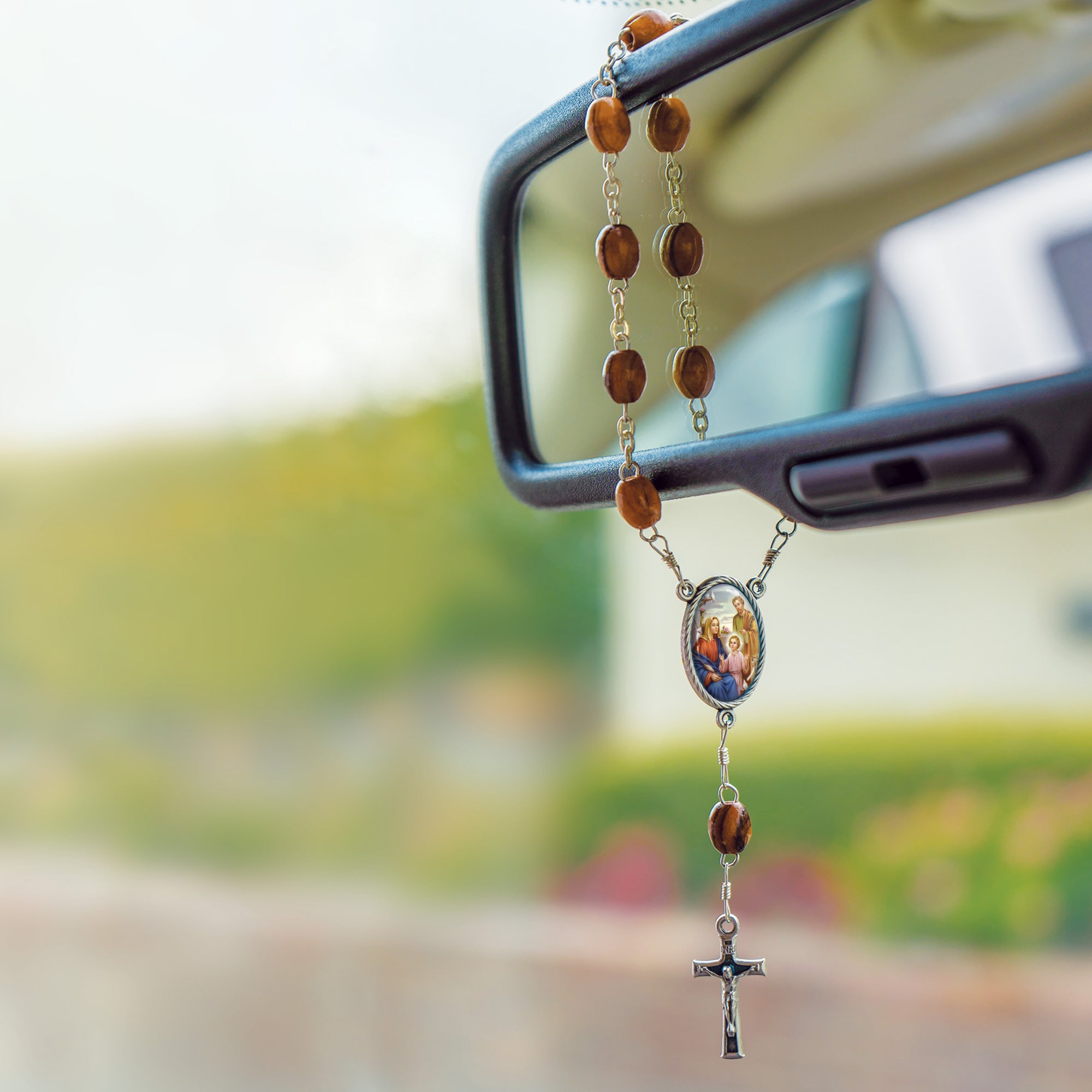 Holy Family, Holy Land Olive Wood Pocket Auto Rosary, Made in Bethlehem on rearview mirror