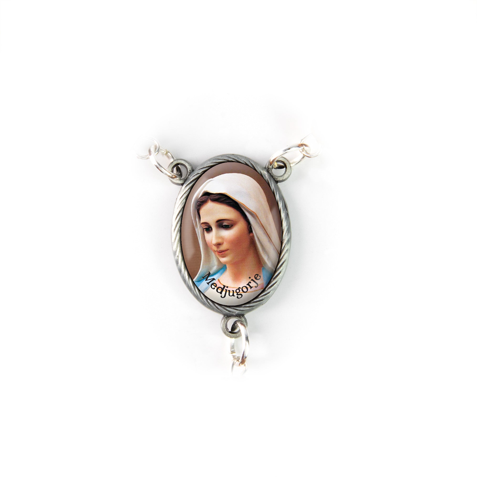 Virgin Mary Medjugorje, Holy Land Olive Wood Pocket Auto Rosary, Made in Bethlehem icon detail