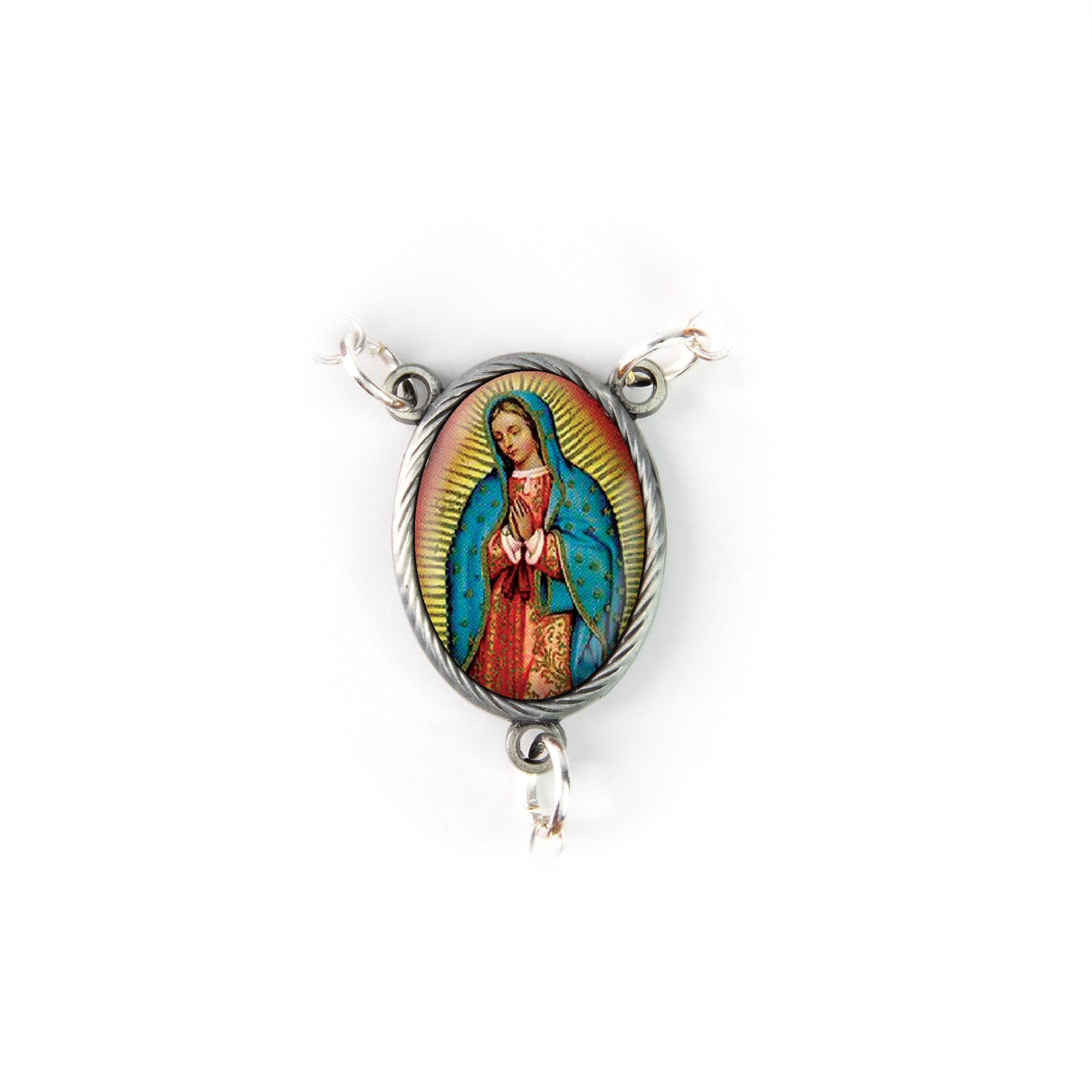 Our Lady of Guadalupe, Holy Land Olive Wood Pocket Auto Rosary, Made in Bethlehem icon detail