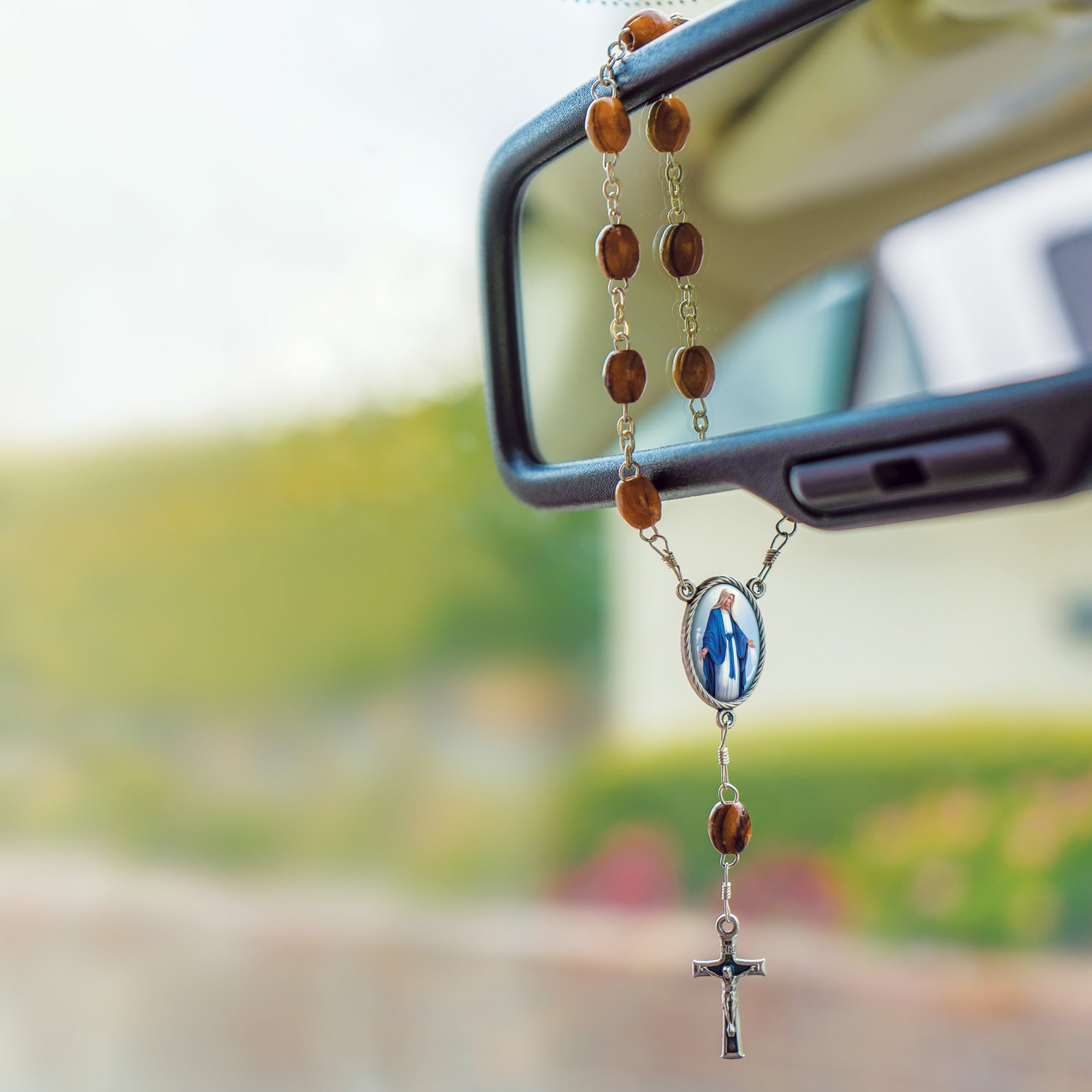 Our Lady of Grace, Holy Land Olive Wood Pocket Auto Rosary, Made in Bethlehem on rearview mirror