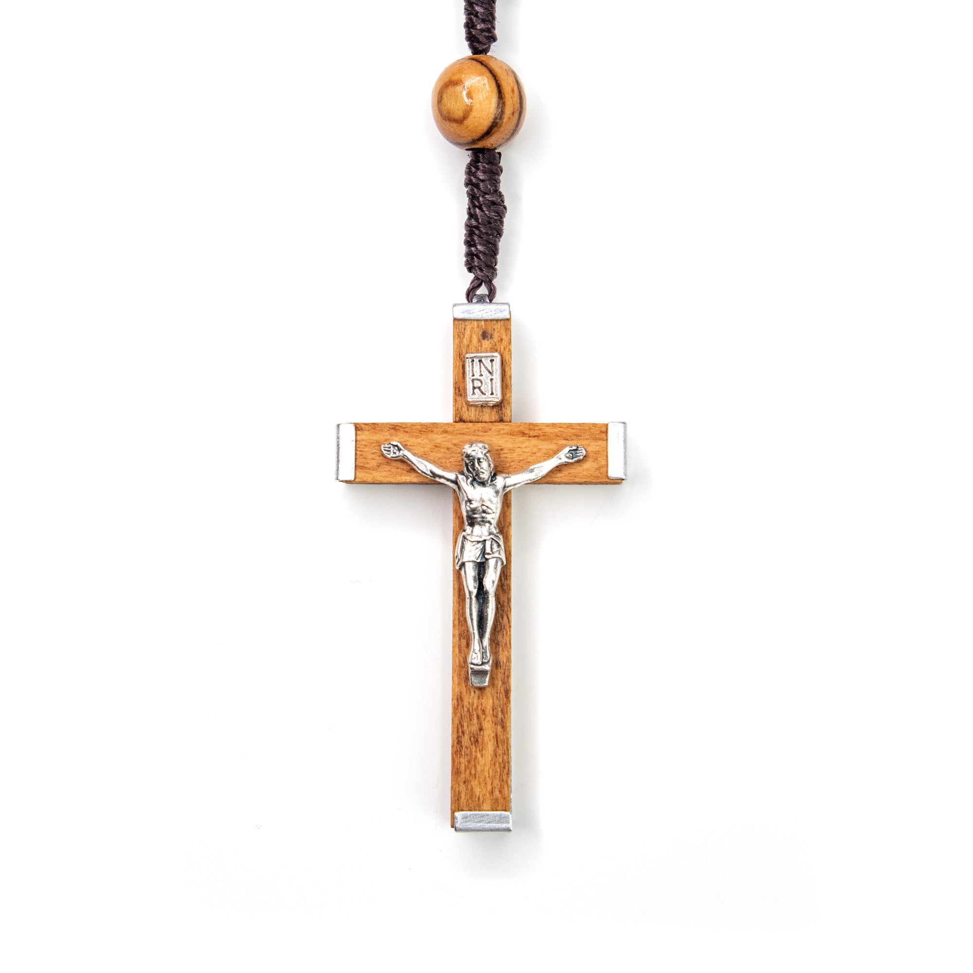 Olive Wood Rope Rosary with Metal Backed Crucifix and Large Beads