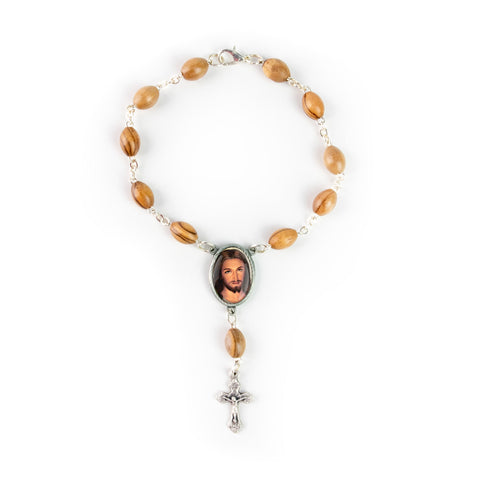 Divine Mercy Jesus (Close Up), Holy Land Olive Wood Pocket Auto Rosary, Made in Bethlehem