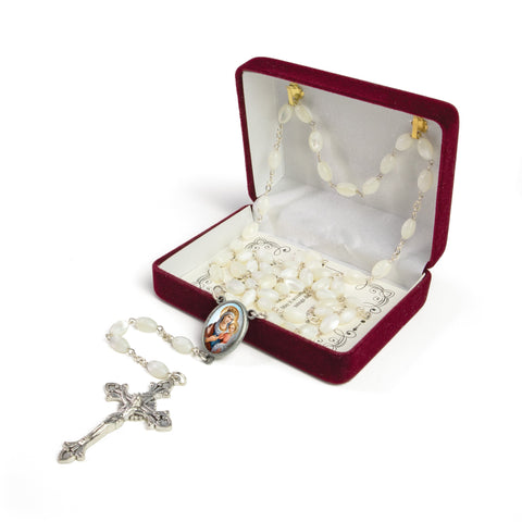 Mother of Pearl Catholic Rosary, Virgin Mary Queen of Heaven Medal