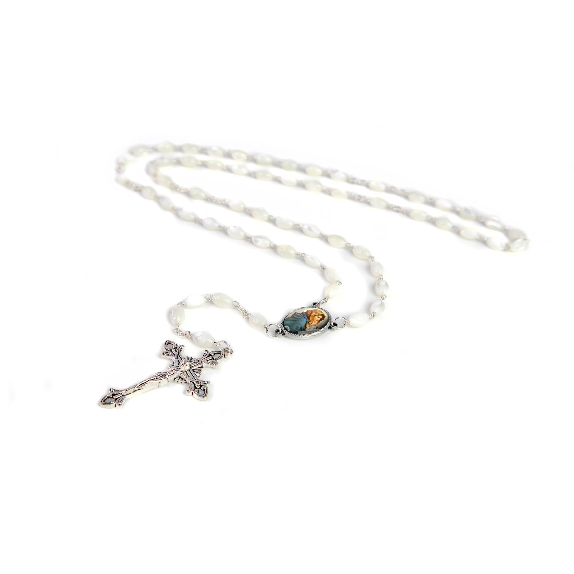 Mother of Pearl Catholic Rosary, Mother Mary and Child Jesus Medal