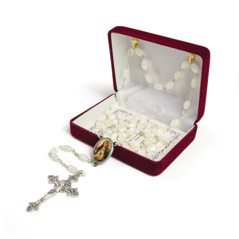 Mother of Pearl Catholic Rosary, Sacred Heart of Mary (White) Medal