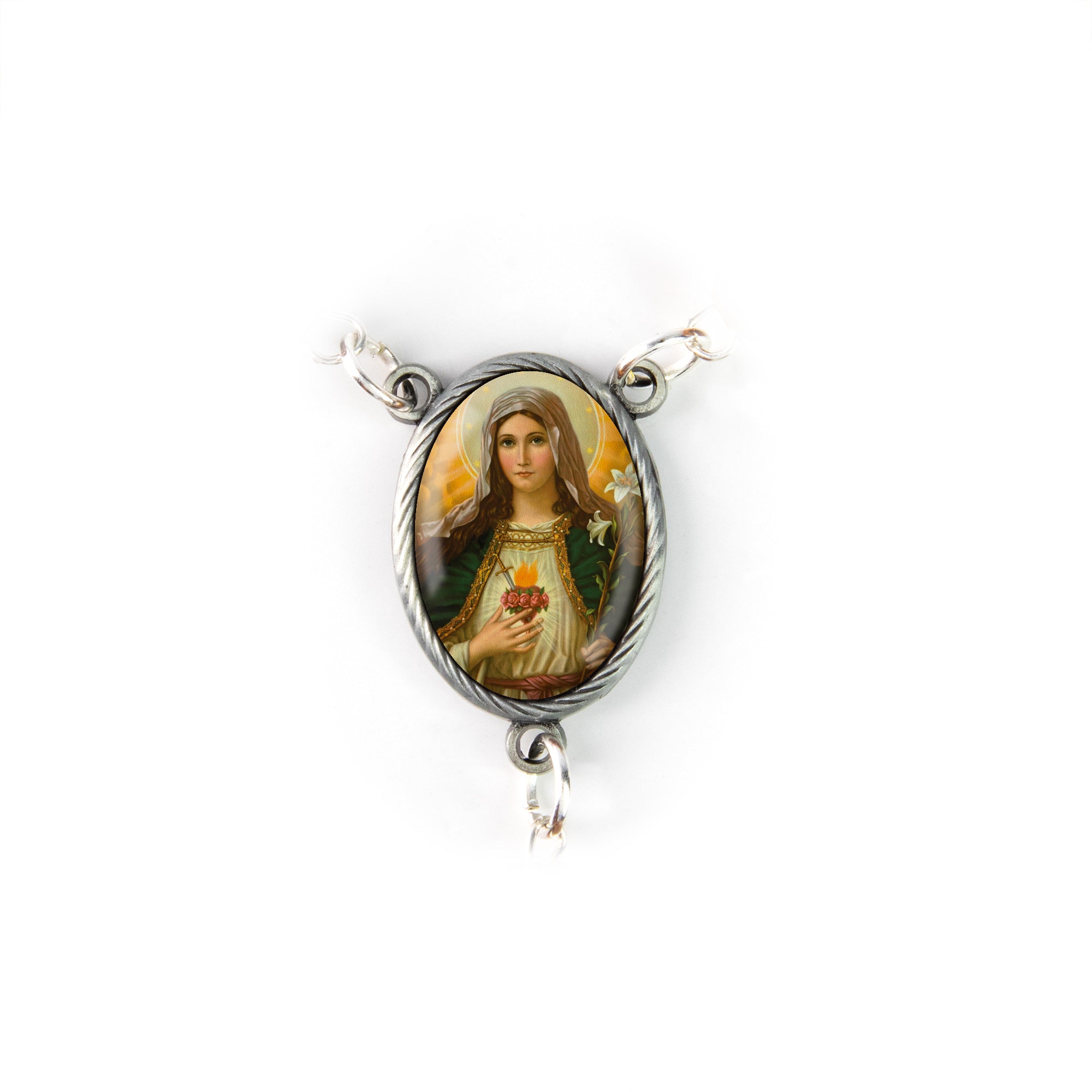Mother of Pearl Catholic Rosary, Sacred Heart of Mary (White) Medal