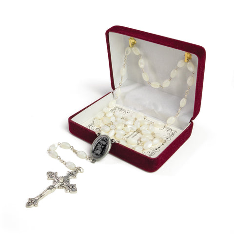 Mother of Pearl Catholic Rosary, Shroud of Turin (Grey) Medal
