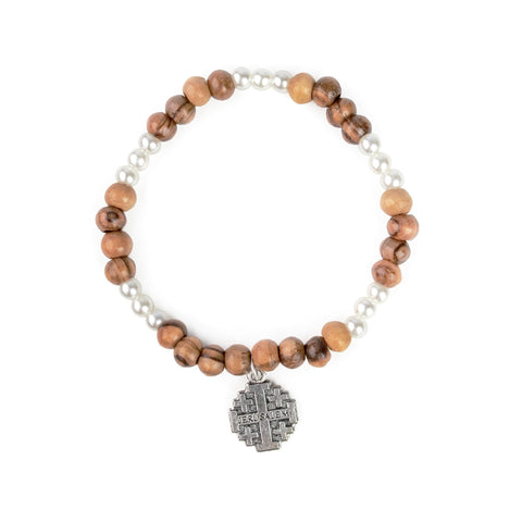 Stretch Bracelet with Grouped Olive Wood and White Beads and Jerusalem Cross Dangle