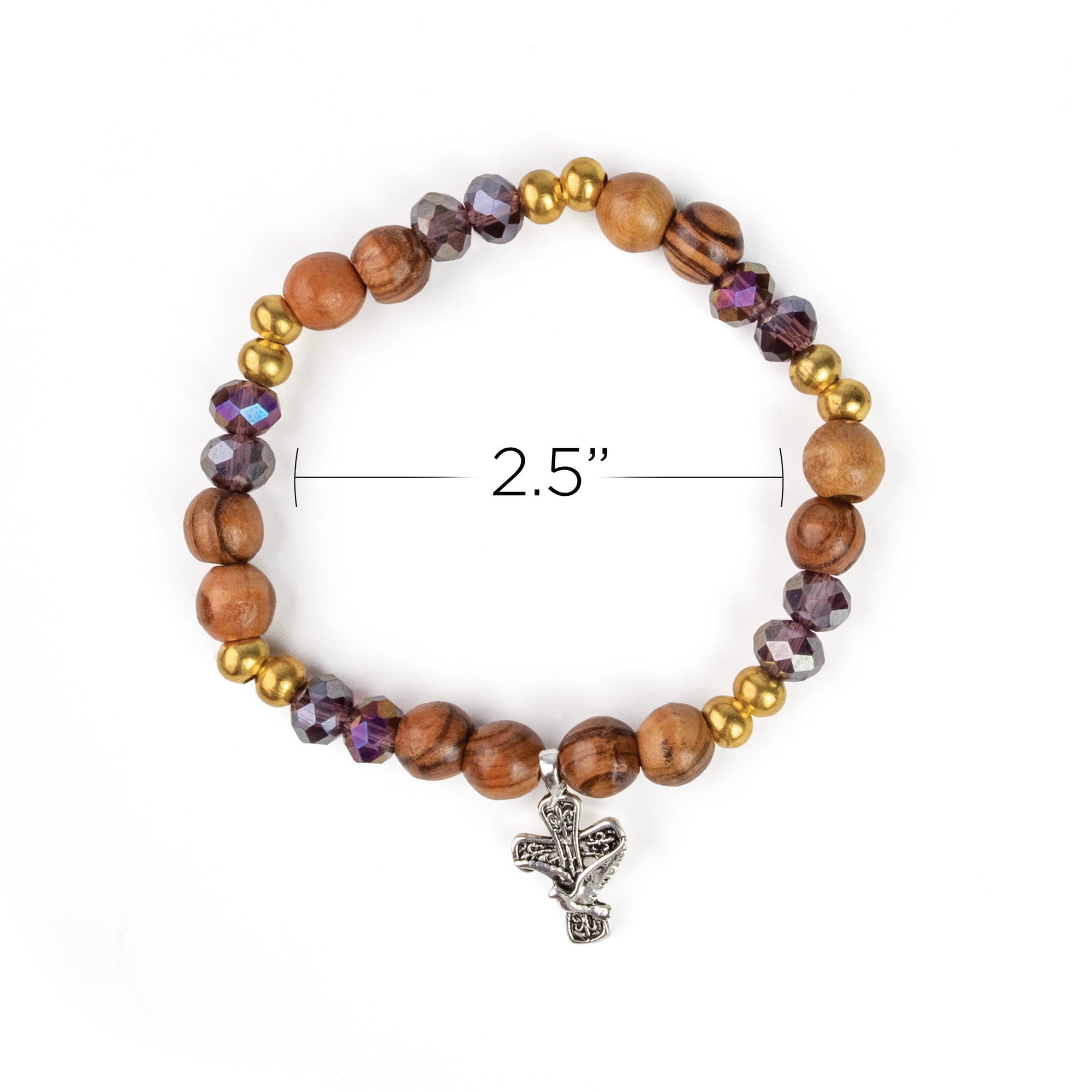 Stretch Bracelet with Grouped Olive Wood, Gold, and Purple Beads and Cross with Dove Dangle