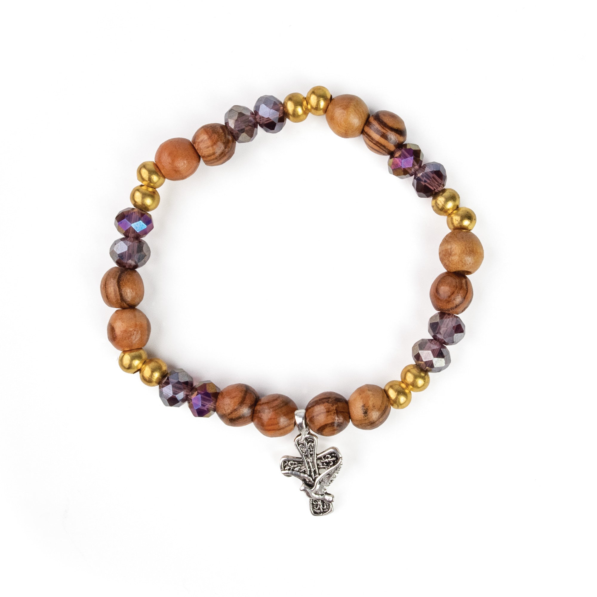 Stretch Bracelet with Grouped Olive Wood, Gold, and Purple Beads and Cross with Dove Dangle
