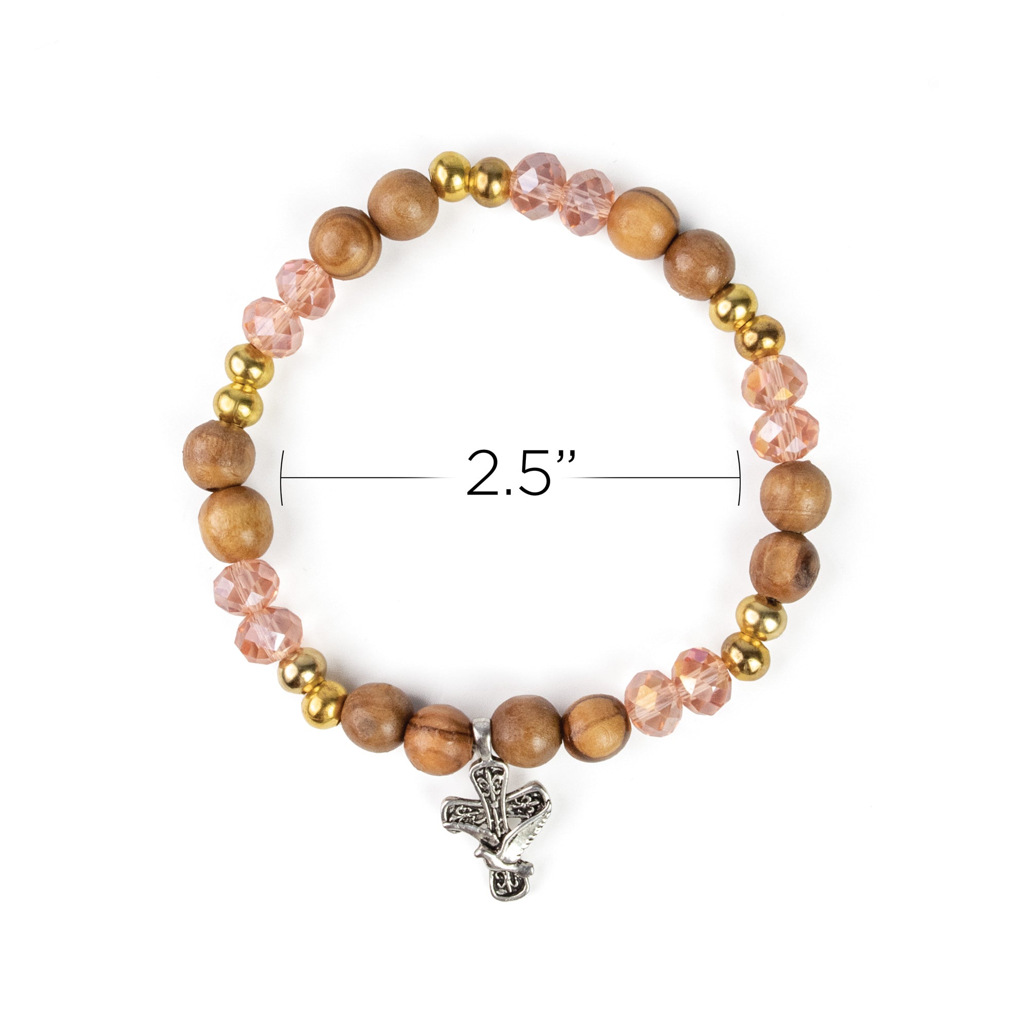 Stretch Bracelet with Grouped Olive Wood, Gold, and Pink Beads and Cross with Dove Dangle