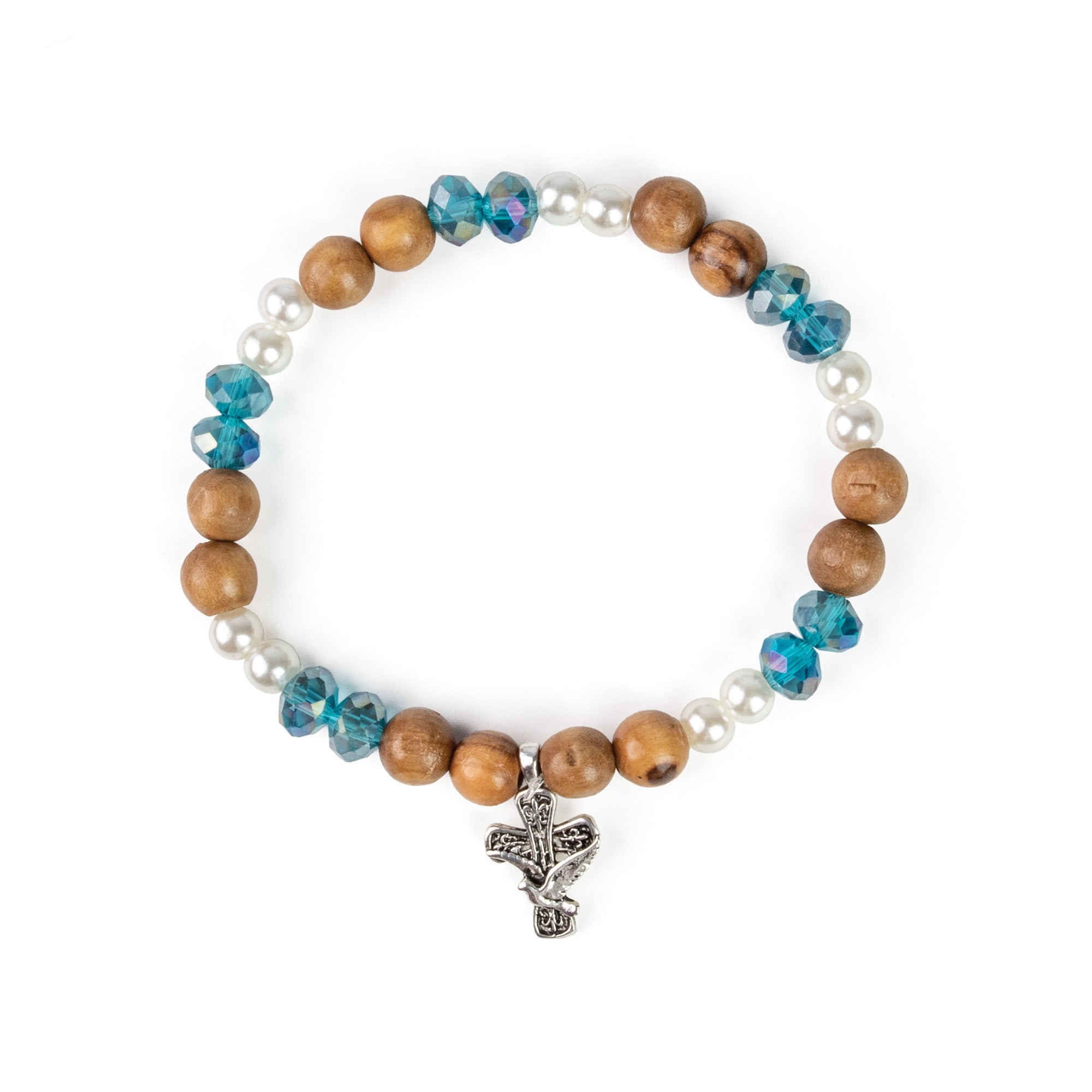 Stretch Bracelet with Grouped Olive Wood, White, and Blue Beads and Cross with Dove Dangle