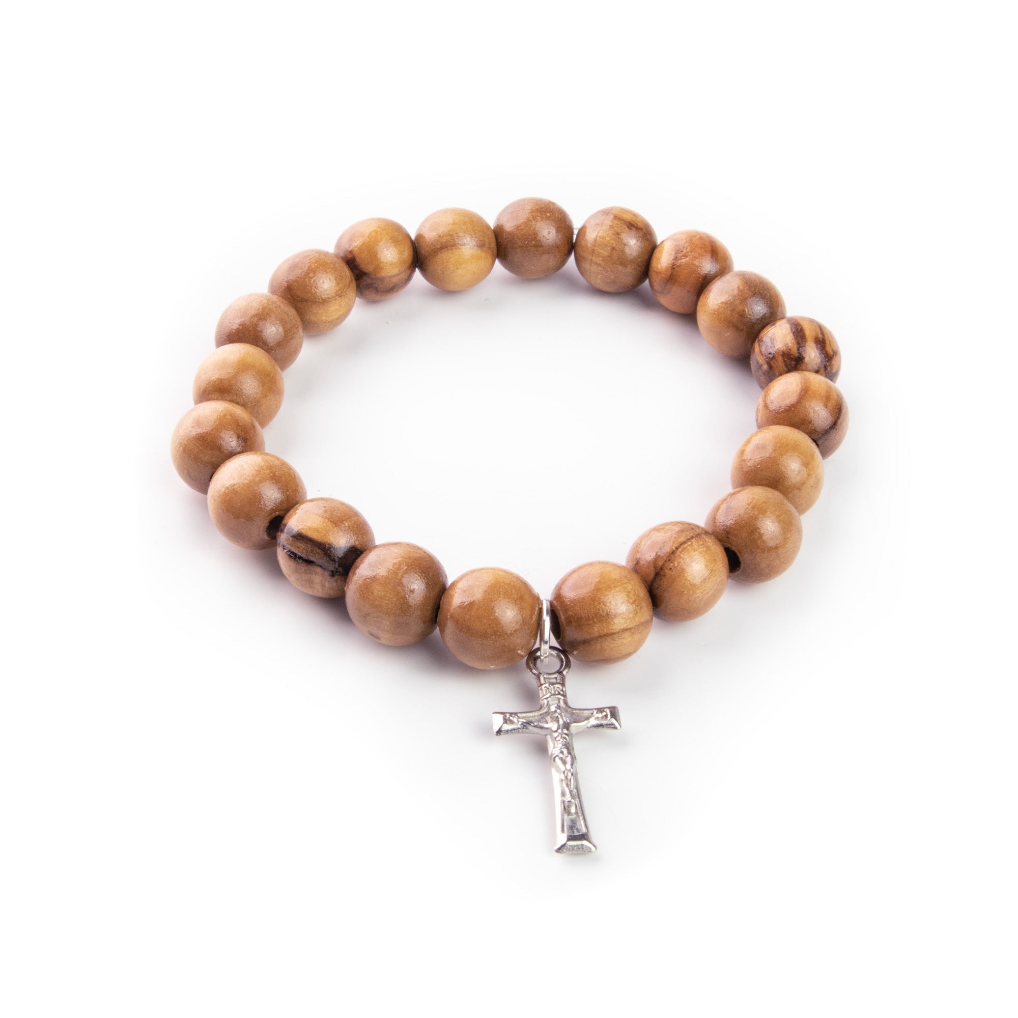 2 Decade Bracelet with Large 1cm Olive Wood Beads and Crucifix Dangle in Velvet Box