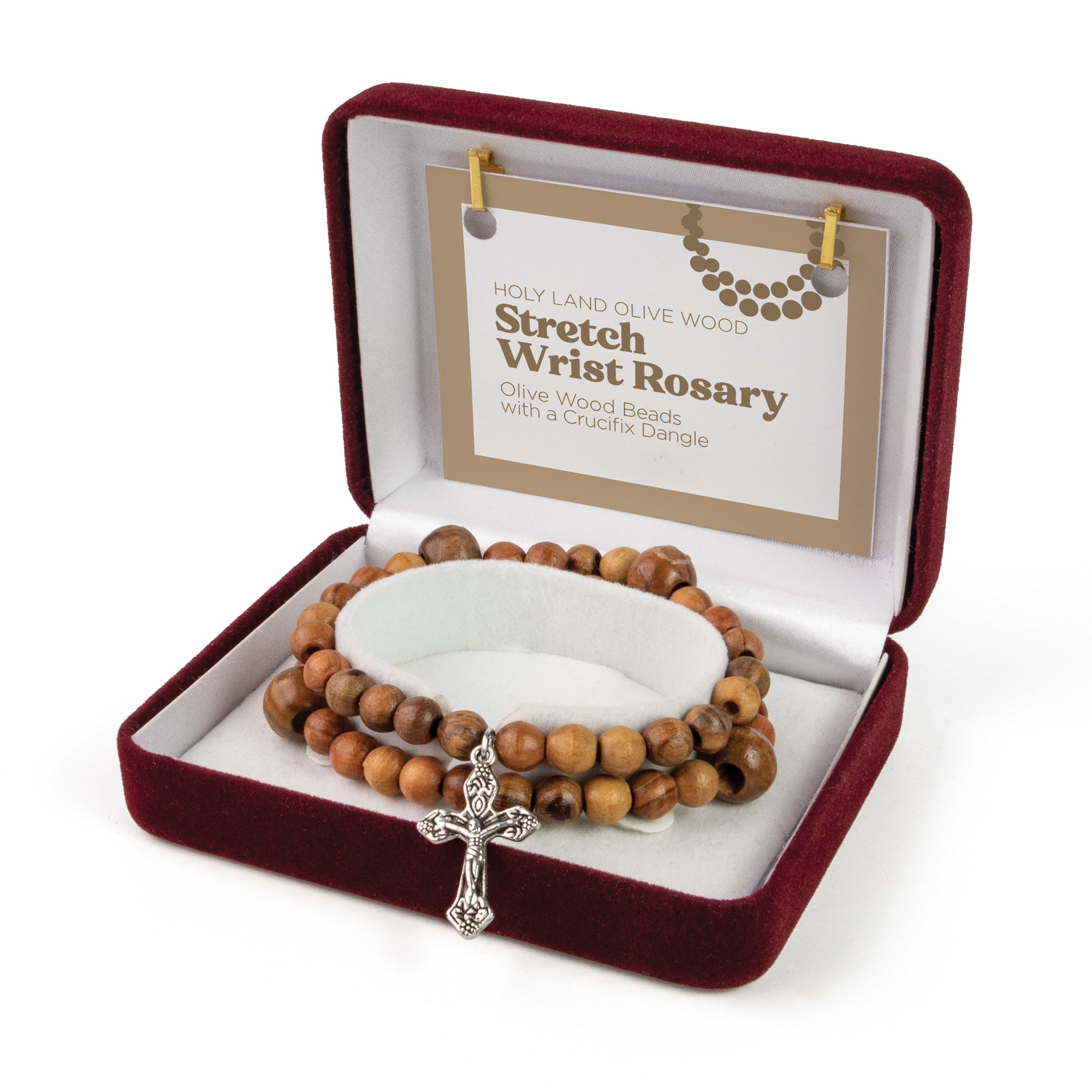 Wrist Rosary with Olive Wood Beads and Crucifix Dangle in Velvet Box