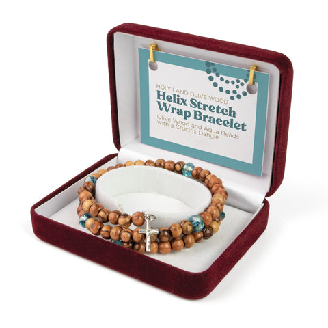 Helix Stretch Wrap Bracelet with Olive Wood and Aqua Beads and Crucifix Dangle in Velvet Box