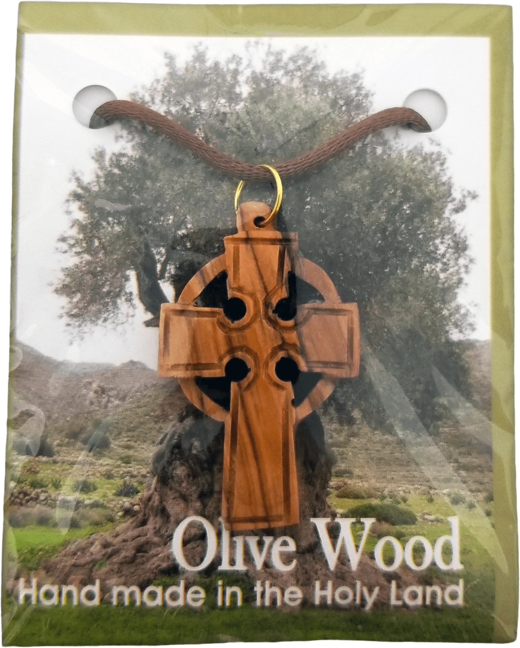 Olive Wood Celtic Cross Necklace packaging