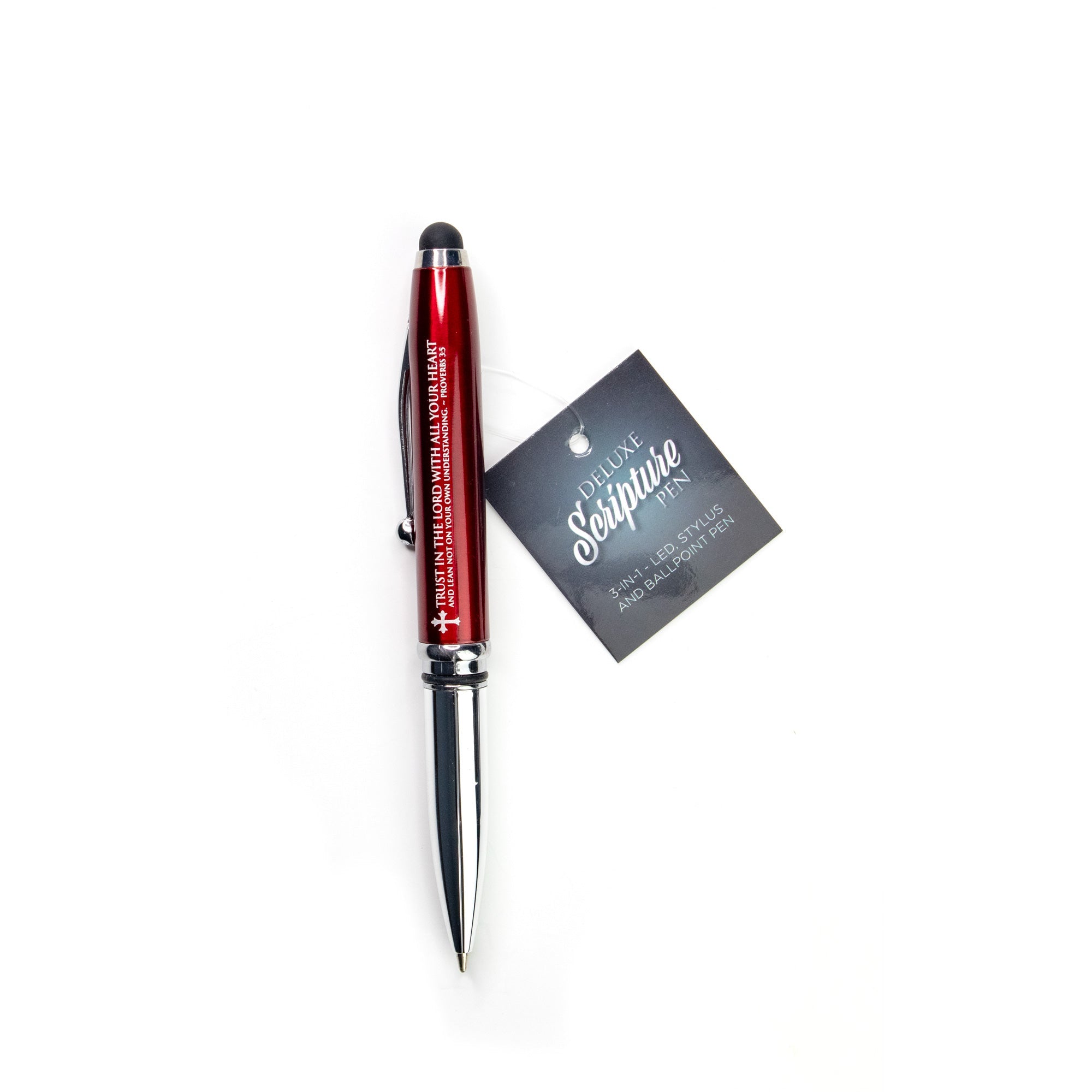 Proverbs 3:5 Deluxe Scripture Pen with Stylus, LED Light and Scripture Card - Red