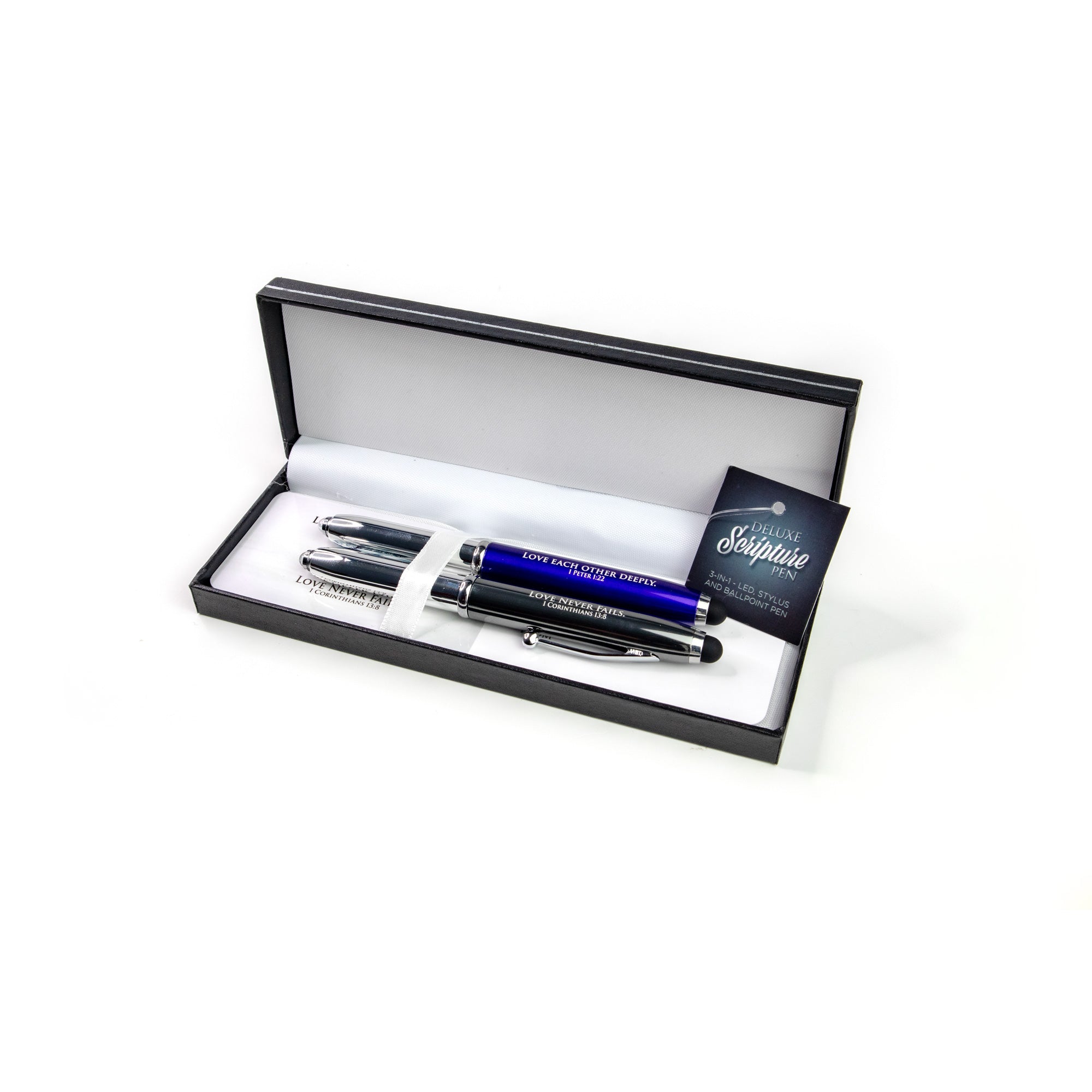 Mr and Mrs Deluxe Scripture Pen with Stylus, LED Light and Scripture Card - Blue and Silver