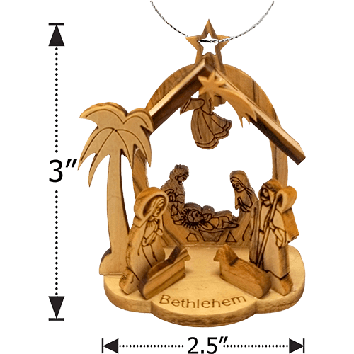 front view with size arrows of hanging wooden seasonal nativity ornament