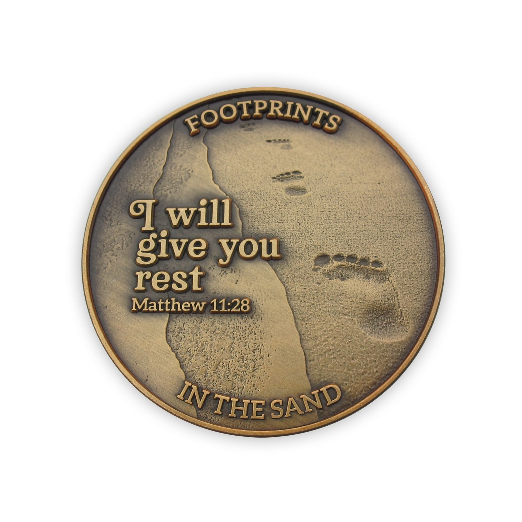 Front: Line of footprints, with text "Footprints in The Sand" / "I will give you rest. Matthew 11:28"