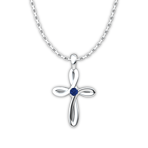 September Blue Sapphire Birthstone Swirl Cross Sterling Silver Necklace - With 18" Sterling Silver Chain
