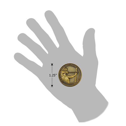 size of Christian archery challenge coin relative to a human hand