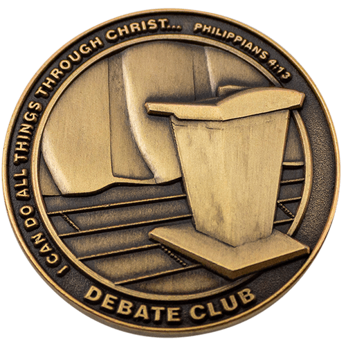 Front: Lectern on stage, with text, "I can do all things through Christ... Philippians 4:13" / "Debate Club"