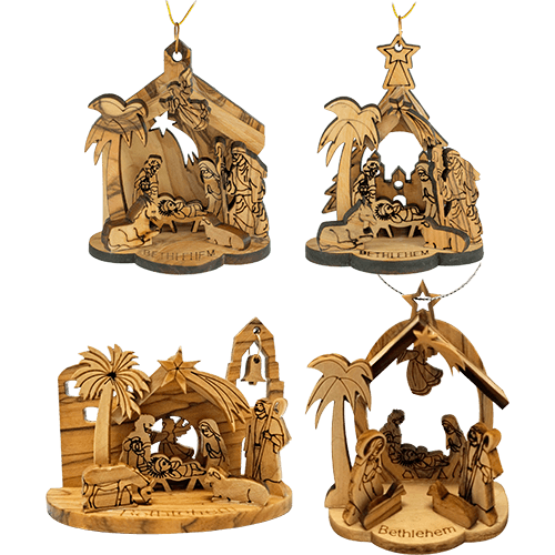 All 4 olive wood christmas nativity ornaments from Israel