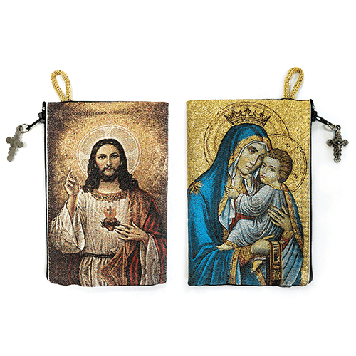 Woven Tapestry Rosary Pouch, Jewelry & Coin Purse - Our Lady of Mount Carmel & Sacred Heart of Jesus
