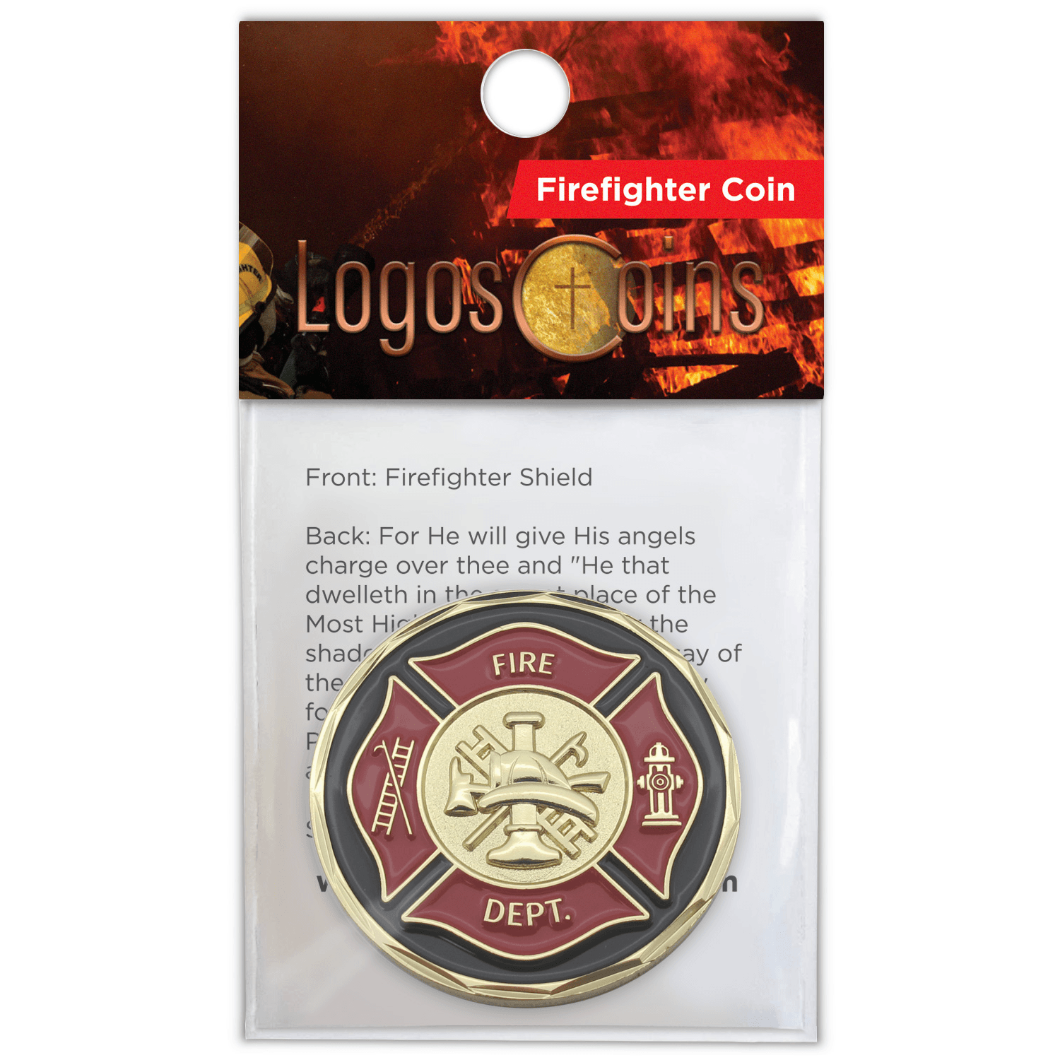 Front Firefighter Appreciation Gold Plated Challenge Coin in packaging