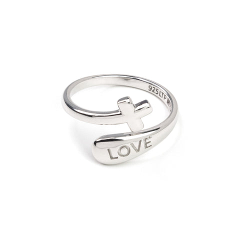 Sterling Silver Wrap Ring - Love and Simple Cross, One Size Fits Most