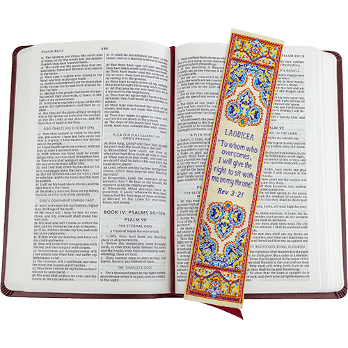 Woven Fabric Christian Bookmark: Laodicea  - Promises of the Seven Churches of Revelations, Revelations 3:21