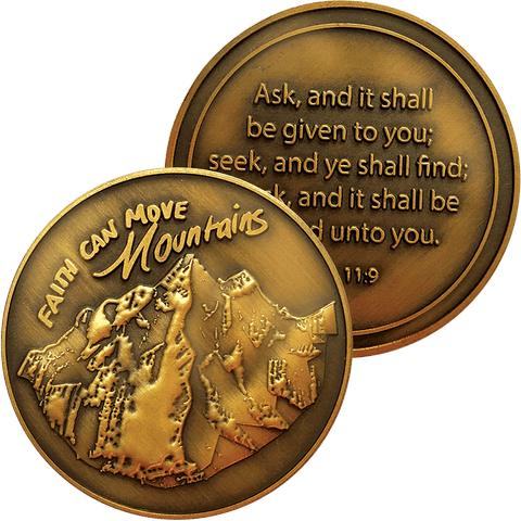 Faith Can Move Mountains Antique Gold Plated Christian Challenge Coin front and back