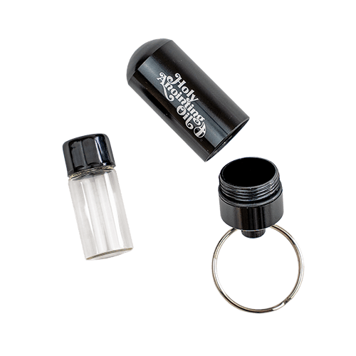 Anointing Oil Container Keychain, Black, 2mL Glass Bottle Inside Protective Metal Casing with Screw-Top Lid