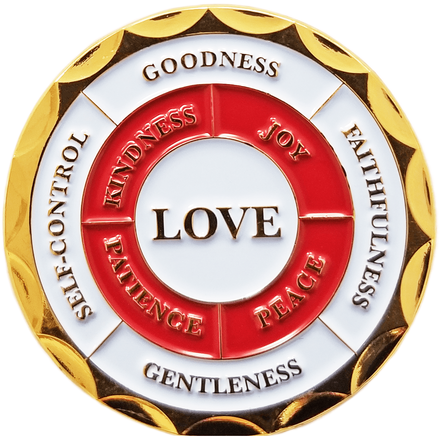 Back: "Love" / "Joy" / "Peace" / "Patience" / "Kindness" / "Goodness" / "Faithfulness" / "Gentleness" / "Self-Control"