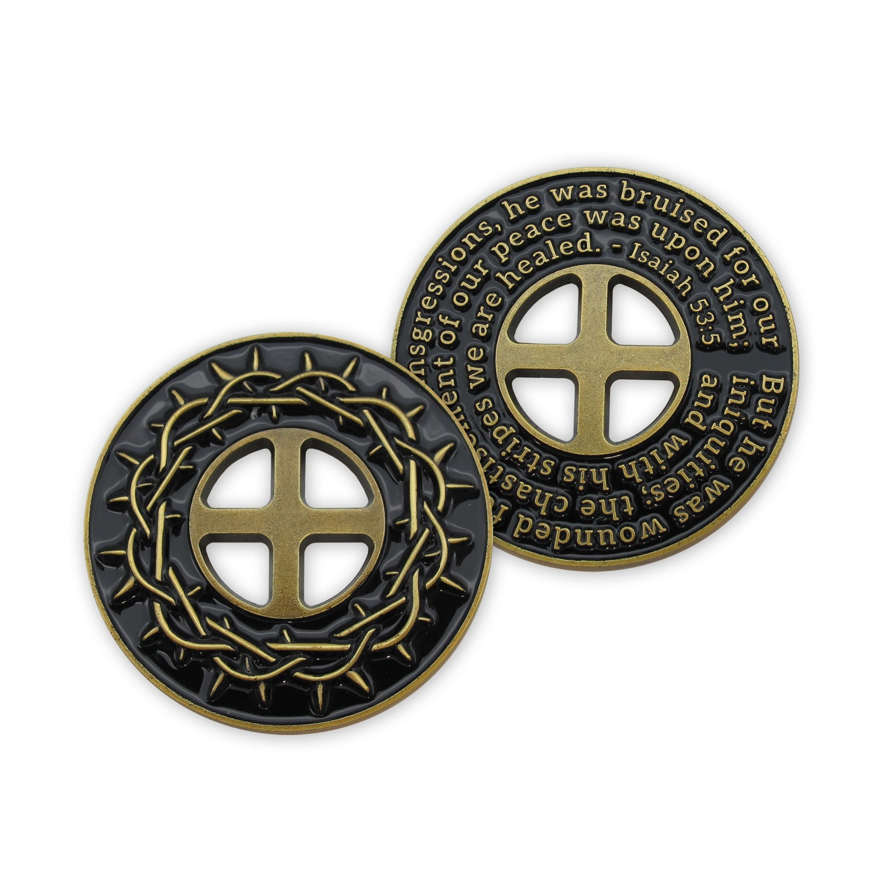Front and back of Crown of Thorns Antique Gold Plated Challenge Coin 