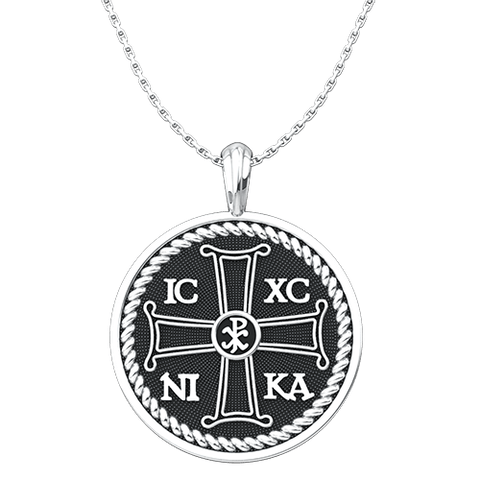 IC XC NIKA Round Pendant with Chi Rho Symbol, Sterling Silver Pendant and 18 Inch Chain