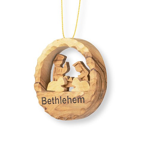 Holy Family Circle Nativity Scene, 3D Olive Wood Ornament