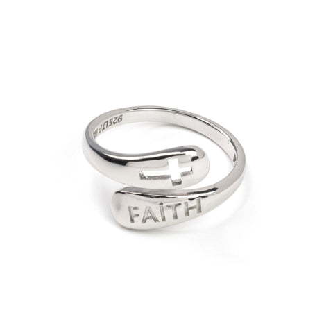 Sterling Silver Wrap Ring - Faith and Cut Out Cross, One Size Fits Most