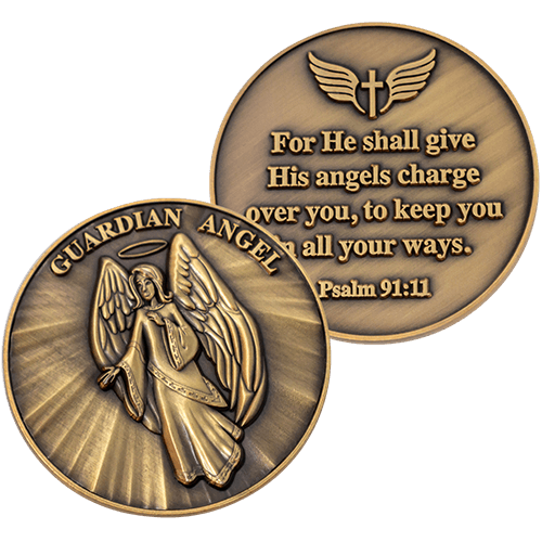 Guardian Angel Christian Antique Gold Plated Challenge Coin front and back 