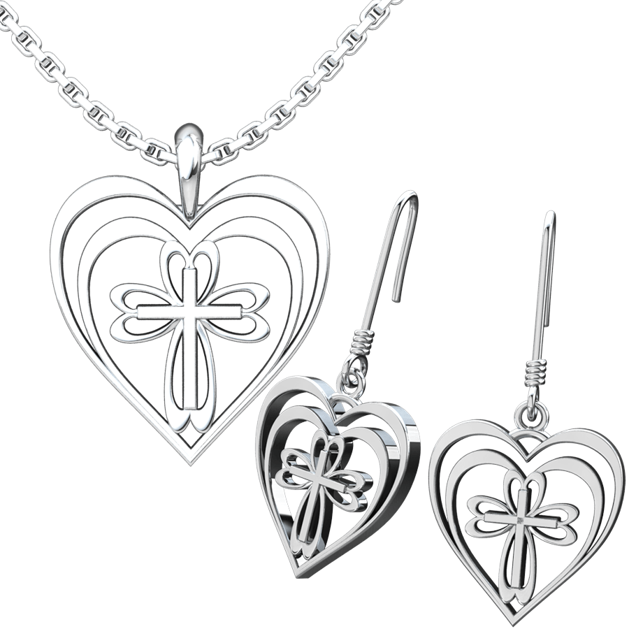 Radiant Heart with Cross Set: Sterling Silver Pendant and Earrings